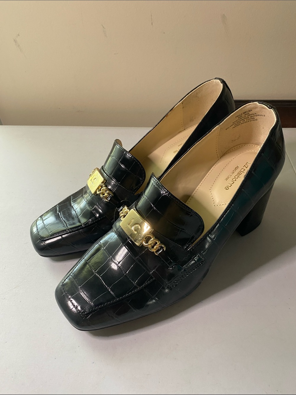 Liz Claiborne Black Croc-Embossed Block Heel Loafers with Gold Chain Accent